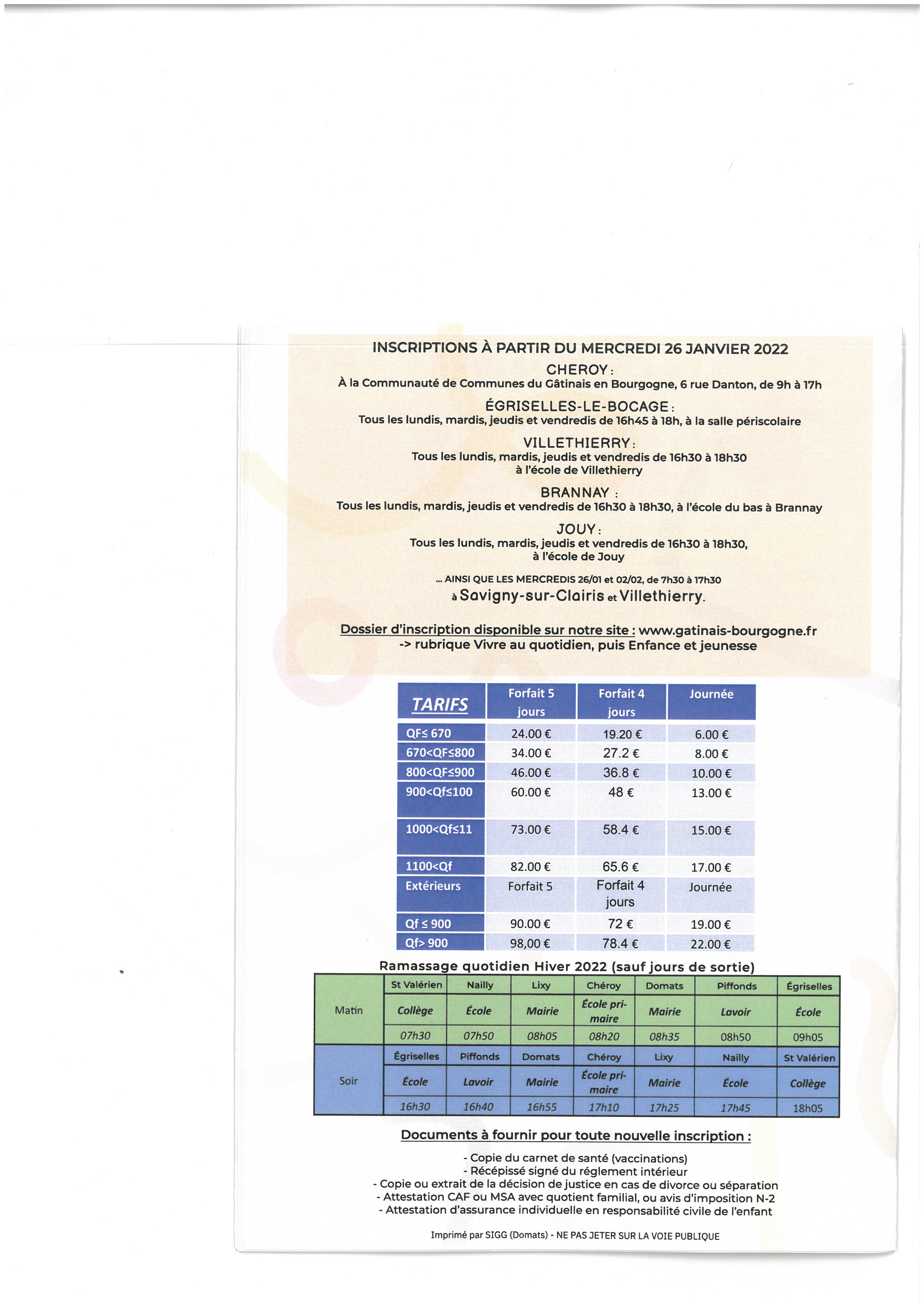 Horaires du bus (vacances scolaires)